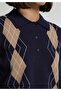 Regular Fit Polo Collar Jacquard Women's Navy Blue Sweater - 4