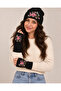 Embroidered Soft Textured Fingerless Beanie Gloves Set - 4