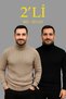 Men's Corded Fabric Knitwear Sweater Set of 2 Beige Black Regular Turtleneck Full-Throated Knitwear Set Model Sweater