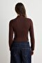 Kahverengi Fitted Büzgü/Drape Detaylı Dik Yaka Örme Bluz TWOAW25BZ00145 - 4