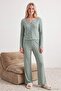 Yeşil %100 Pamuklu Çiçekli Kurdele/Fiyonklu Fitilli/Pointel Örme Pijama Takımı THMAW26PT00070 - 2