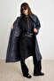 Navy Blue Plaid Lined Oversize Long Trench Coat with Elastic Waist Twoaw27Tr00029 - 2