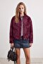 Bordo Desenli Kalın İçi Polarlı Oversize Dik Yaka Fermuarlı Örme Hırka/Sweatshirt TWOAW27SW00053 - 3