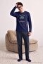 Navy Blue Regular Fit Striped Christmas Themed Knitted Pajama Set Tmnaw27Pt00032