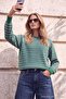 Wardrobe Essentials Yeşil Çizgili Oversize Bisiklet Yaka Triko Kazak TWOAW27KZ00220 - 3