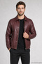 Men's Burgundy Zippered Casual Leather Jacket with Snap Fasteners and Elastic Waist - 2