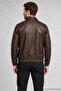 Men's Brown Zippered Casual Leather Jacket with Snap Fasteners and Elastic Waist - 5