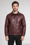 Men's Burgundy Zippered Casual Leather Jacket with Snap Fasteners and Elastic Waist