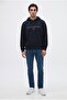 Relaxed Fit Navy Blue Embroidered 3 Thread Hooded Sweatshirt