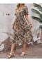 Women's Short Sleeve Double Breasted Collared Side Tie Patterned Single Jersey Midi Dress