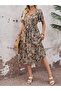 Women's Short Sleeve Double Breasted Collared Side Tie Patterned Single Jersey Midi Dress - 5