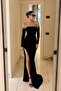 Stretch Fabric Strapless Neckline Stone Work Slit Evening Dress 582317 Black - 3