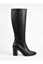 Pointed Toe Thick Heeled Side Zipper Below the Knee Women's Black Leather Boots - 2