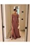 Long Sleeve Madonna Collar Slit Dark Rose Evening Dress 582622 - 3