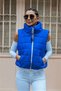Cobalt Blue Stand Collar Short Puffer Vest with Elastic Waist Pockets - 2