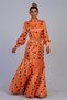 Orange Magnifying Collar Print Skirts Flounced Satin Long Dress - 2