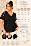 Women's Plus Size Shoulder Flower Tulle Stone Embellished Short Sleeve Stretchy Viscose Blouse - 2