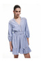 Mandarin Collar Belted Long Sleeve Scalloped Lace Detailed Viscose Mini Shirt Dress - 2