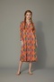 Ethnic Leaf Pattern Shirt Dress Long Sleeve Buttoned Mustard Orange Midi Summer Dress - 5