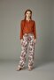 Combed Cotton Pajama Set with Buttoned Long Sleeves, Orange Top, Leaf Patterned White Pants - 5
