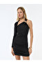 Asymmetrical Neckline Window Detail Long Sleeve Metal Accessory Mini Evening Dress