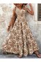 Women's Milk Coffee Patterned V-Neck Short Sleeve Waist Tied Slit Long Maxi Dress - 2