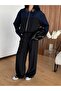 Women's Leather Collar Sleeve Denim Detailed Jacket and Trousers Set - 5
