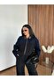 Women's Leather Collar Sleeve Denim Detailed Jacket and Trousers Set - 4