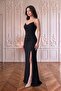 Scuba Fabric Strap Stone Detail Thin Strap Slit Evening Dress Black - 4