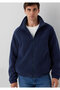High Collar Navy Blue Velvet Coat 0110369-70487 - 3