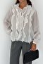Women's V-Neck Organic Fabric Transparent Buttoned Ruffle Blouse - 2