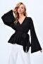 Black Double-Breasted Collar Ruffled Hem Self-Tie Belted Crinkle Blouse ALC-X14428 - 3