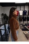 Qya Women's Black/Ecru/Brown Stand Collar Fur Sweater Crop Knitwear Winter Warm Soft Textured - 2