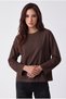 Women's Brown T-Shirt Wide Sleeve Crew Neck Long Sleeve T-Shirt - 2