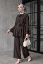 Cuffed Sleeves, Flared Wide-Leg Pants, Belted Jacquard Gofre Suit -K. Coffee - 5