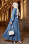 Long Denim Dress with Pearls on Shoulders and Elastic Waist - 3