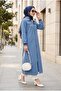 Long Denim Jacket with Pearl Shoulders and Ribbed Zipper Closure - 5