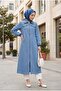 Long Denim Jacket with Pearl Shoulders and Ribbed Zipper Closure - 3