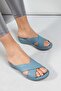 Genuine Leather Denim Blue Women's Flat Slippers 864ZAR03