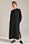 Women's Black Long Hakim Collar Muslin 100% Cotton Oversize Dress - Without Belt - 4