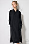 Women's Black Long Hakim Collar Muslin 100% Cotton Oversize Dress - Without Belt - 5