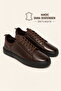Men's coffee brown genuine leather lace-up casual sneaker with stretch collar - milano