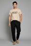 Two Threaded Tracksuit Set Printed Beige T-Shirt Black Jogger Pants Men's Home Wear Set