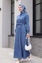 Waist-Tied, Front-Buttoned, Beaded Denim Dress - Blue - 4