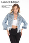 Women's Designer Denim Jacket with Stone Embellishments and Tassel Detail, Blue Slim Fit Jeans Coat, Limited Edition - 4