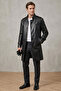 Black Darryl Men's Buttoned Lined Epaulets Slit Stand Collar Slim Fit Genuine Leather Coat - 5