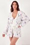 Soft Textured 3-Piece Patterned V-Neck Long Sleeve Dressing Gown Pajama Set Women's Pajama Set 6578 - 5