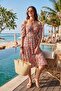 Patterned Oversize Fit Carmen Collar Drawstring Detailed Midi Length Dress Women's Dress 67810557