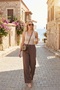 Cotton Waist-Tied High Waist Wide Leg Regular Fit Pants with Pockets Women's Pants 668Yp4