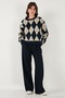Oversize Fit Crew Neck Argyle Patterned Soft Textured Sweater Women's Sweater 4616223 - 2